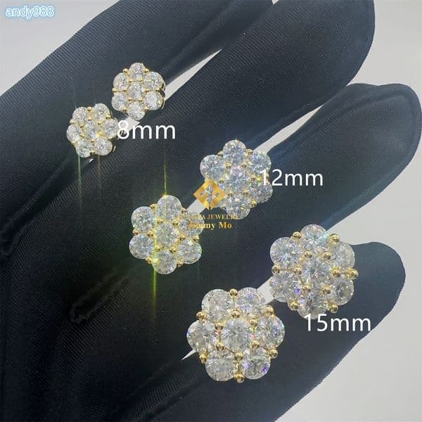 Ready to Ship Stock Drop Shipping Mens Iced Out Hip Hop Sterling Silver 925 Screw Back Moissanite Flower Shape Cluster Earrings