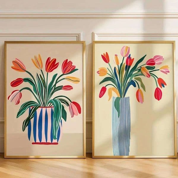 Colorful Tulip Wall Art,Modern Vase Printing,Simple Floral Canvas Posters,Bold Plant,Bright Living Room and Kitchen Decor 26Y0306