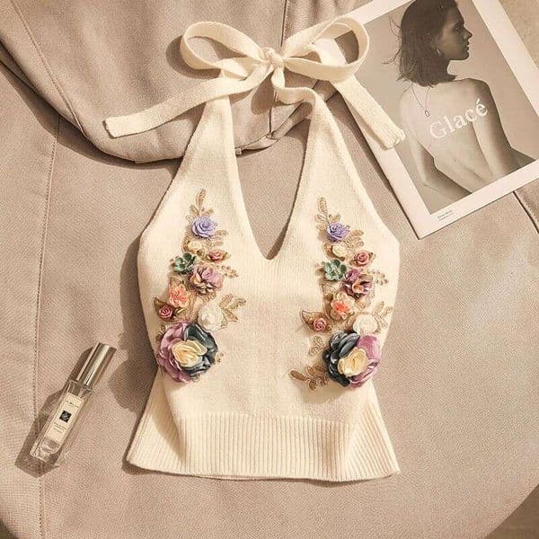 French Style Knitted Halter Neck Camisole Women Summer Sexy Printed Slim Fit Off Shoulder Short Sleeveless Top For Outerwear