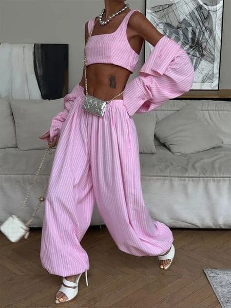 Women Low-rise Lantern Pants 3-piece Set Casual Striped Sleeveless Vest Long Sleeve Lapel Shirt Sets 2026 Lady Street Outfits260227BJ