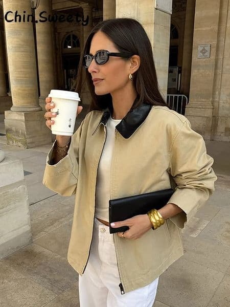 Casual Patchwork Pockets Short Jackets Women Loose Lapel Long Sleeve Zipper Coat Female 2025 Autumn Winter Lady Streetwears 260304