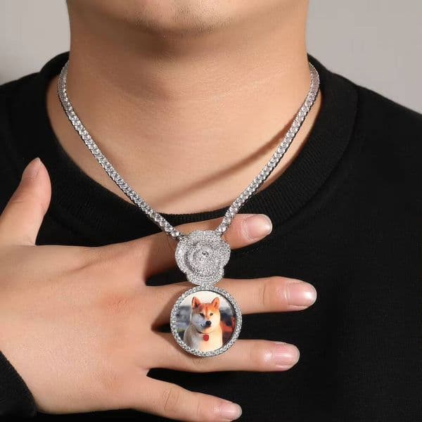 Iced Out Customized Fashionable Flower Rose Gold Jewelry Photo Bling Zircon Brass Pendant Photo Necklaces