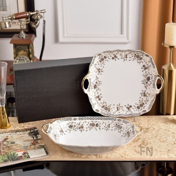 Minghai Milan plum blossom bone china binaural large fruit plate gold-painted large plate long plate deep plate dim sum plate gift box gift home