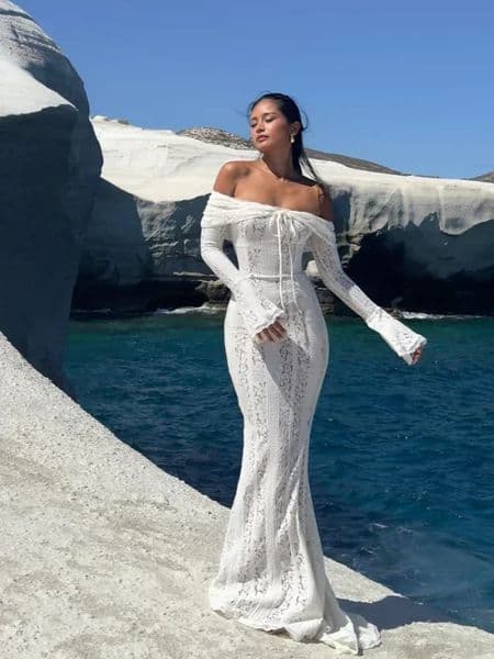 2026 Women Sexy Lace Patchwork White Maxi Dress Flared Sleeve Off Shoulder Bodycon Gowns Lady Evening Night Party Robes 260306BJ