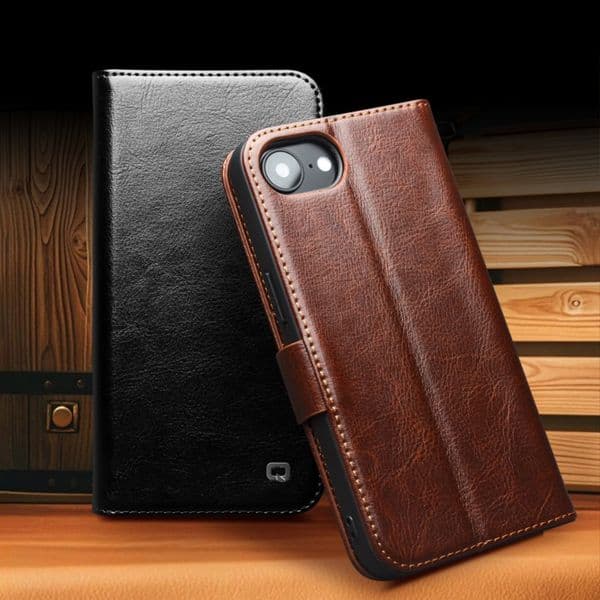 Premium Natural Cowhide Leather Magnetic Flip Case for iPhone 17e 16e Card Pocket Cover