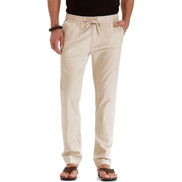 Mens Spring Summer Cotton Linen Long Pants Vacation Hawaii Casual Trouser Straight Leg Lightweight Sweatpants 260302BJ