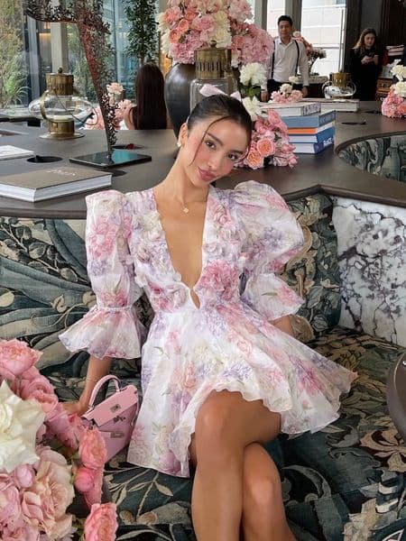 Trendy Floral Print Flare Sleeve V Neck Mini Dress Elegant High Waist Pleated Woman Vestidos Autumn Evening Party Gown 260306