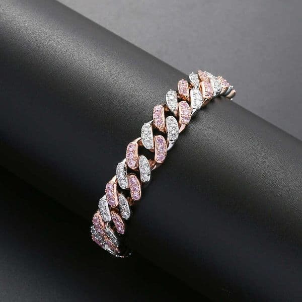 Direct sales from the source manufacturer: high-quality 12mm Cuban chain men's personalized hip-hop bracelet with zircon stones, pink white, European and
