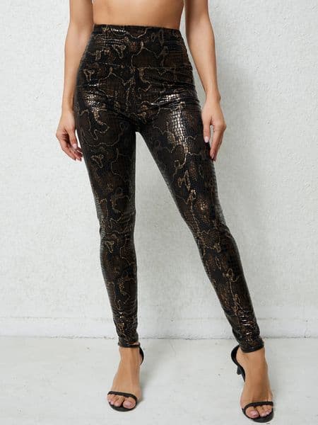 fashion womens high waist niners gold snake print leggings brown tight height stretch 260307