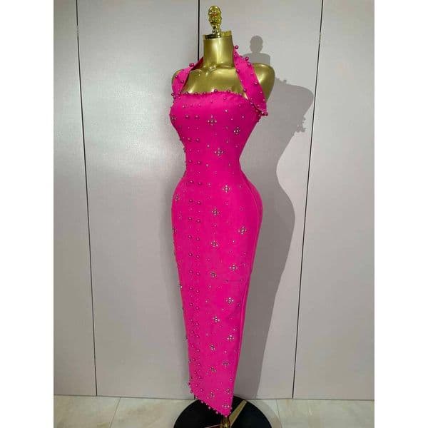 2025 Shining Diamonds Pearls Sleeveless Bodycon Bandage Long Dress Women Celebrate Evening Party Elegant Birthday Gowns 26H0307