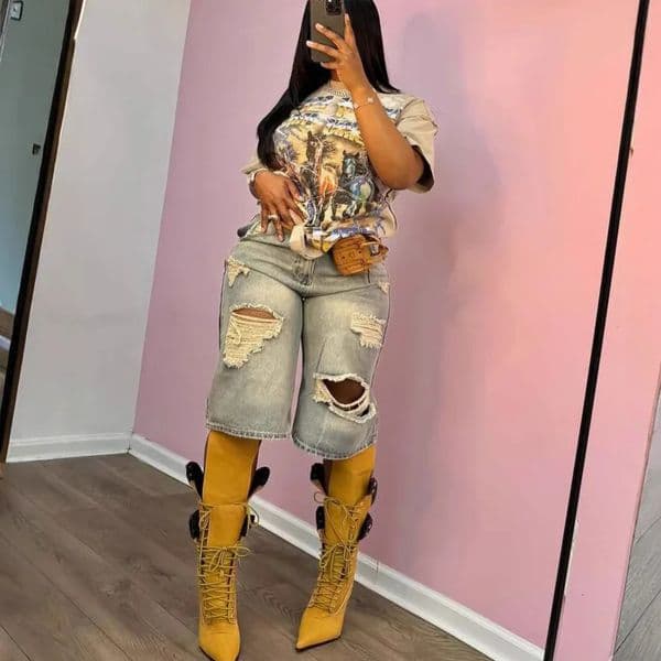 Europe America Summer High-waisted Loose Vintage Ripped Denim Mid-length Straight-leg Wide-leg Pants Casual Denim Shorts 260306