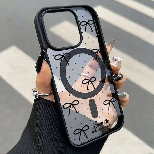 Korean Black Bow Magnetic Phone For 17 Case iPhone 16 15 13 12 11 14 Pro Max Wireless Charging Cover H260305