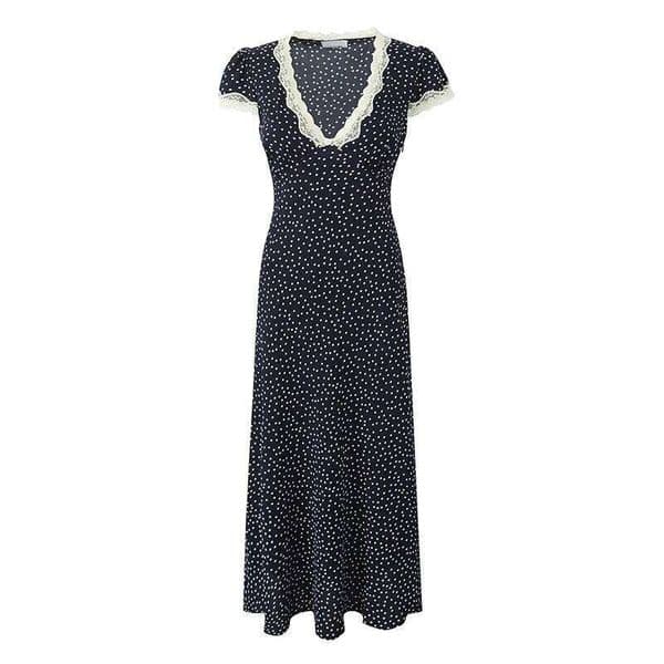 YENKYE 2025 Women Navy Blue Polka Dot Long Dress Lace Trim V Neck Short Sleeve A-line Elegant Holiday Dresses Summe Maxi Robe 26H0307