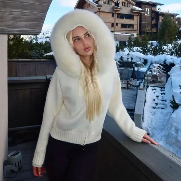 OFTBUY Real Fox Fur Kintwear Women 2025 Spring Autumn Hooded Sweater Female Loose Zipper Kintted Jacket Oversized Cardigan 260304