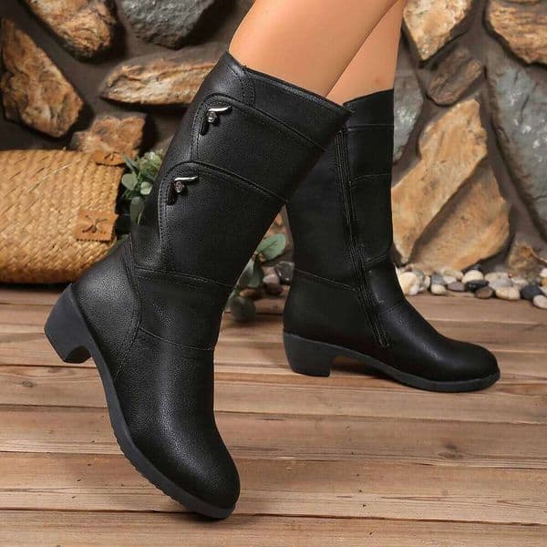 2025 Winter Mid-calf Fashion Korean Style Low Heel Solid Color Fleece Warm Plus Size Sexy Elegant Women's Boots