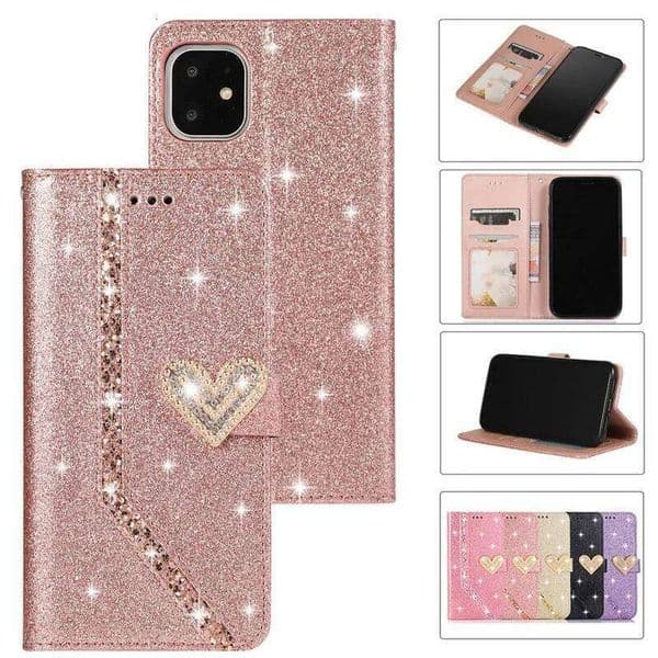 Glitter Pu Leather Flip Case for IPhone 16 15 14 13 12 11 Pro XS Max XR X 8 7 6s 6 Plus SE Wallet Card Slots TPU Frame Cover H260305