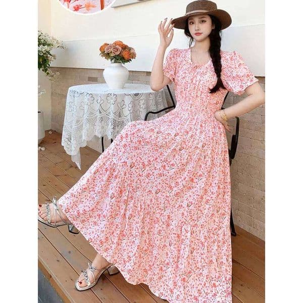 Summer New Cotton Silk Floral Print Maxi ort Sve Beachwear High Waist Young Women's Large Skirt Swing Dr 26H0307