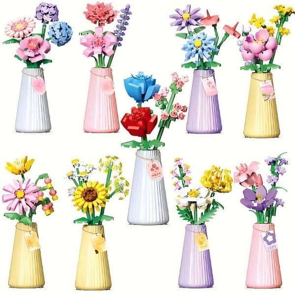 Eternity Bouquet Toy with Vase Sunflower Rose Mini Building Model Flower Blocks Girls Desk Decor C260306
