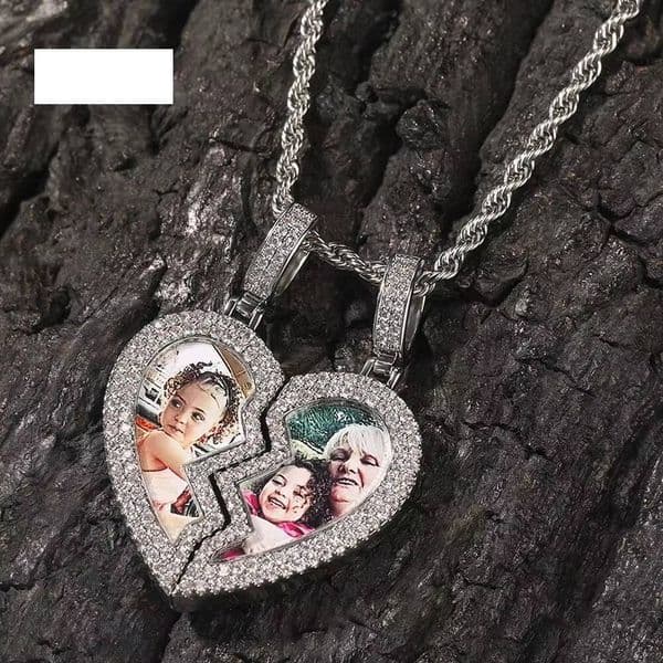 Custom Copper Hip Hop Gold Silver Moissanite Magnetic Heart Photo Pendant Couple Necklace Fine Jewelry Chains for Women Men
