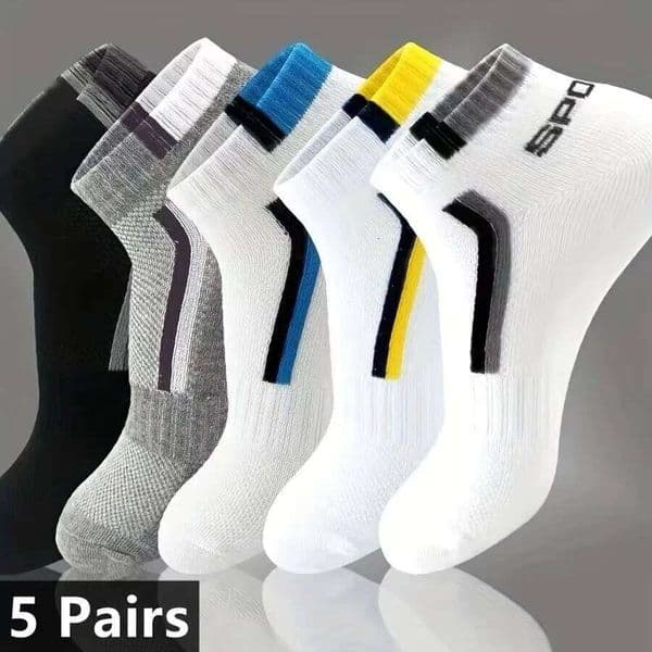 5pairs Men's Fashion Sports Socks, Striped Cotton Sweat Absorption Breathable Comfortable Ankle Socks 26W0307