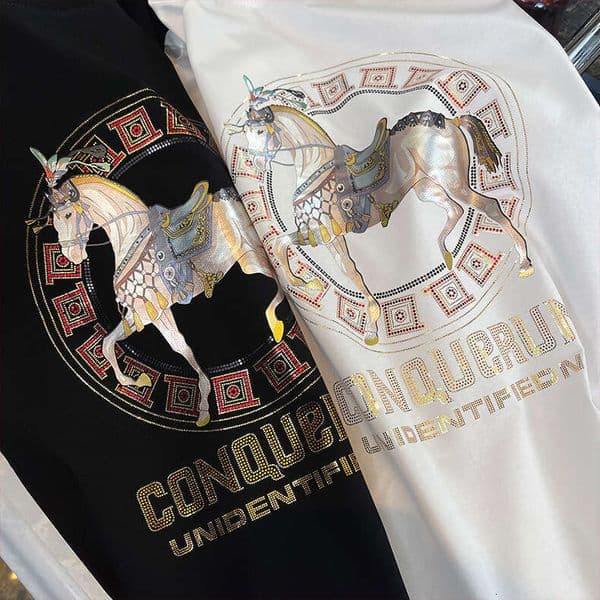 Summer Horse Head Sequin Short-Sleeve T-Shirt For Young Men, High-End Round Neck Breathable Thin Top Luanyun