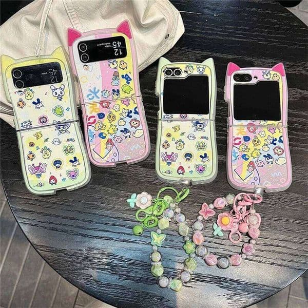 Kawaii Cartoon Animal Phone Case For Galaxy Z Flip 7 6 5 4 3 Flip6 Flip5 Cover with Chain Shockproof Cute Cases Funda H260305