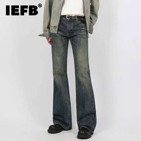 IEFB New Spring Men's Micro Flared Jeans Korean Straight Leg Design Solid Color High Street Fashion Male Denim Pants 9W1407 W260307