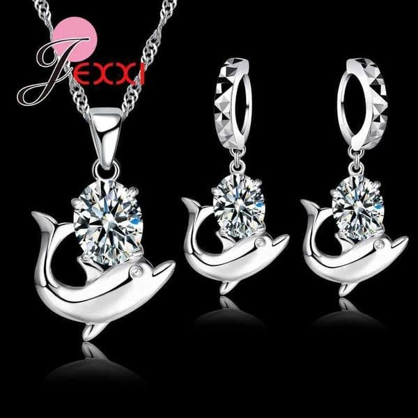 Fast Shipping Pretty CZ Cubic Zirconia Jewelry Set 925 Sterling Silver Romantic Dolphin Pendant Necklace Earrings Set H260307