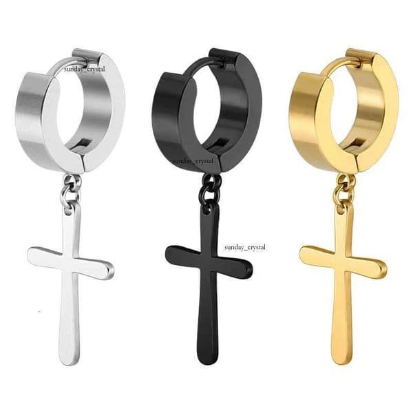 Black Gold Sier Stainless Steel Corss Dangle for Men Youth Single Chandelier Earring Hip Hop Clip On Ear Christian Jewelry Top Quality