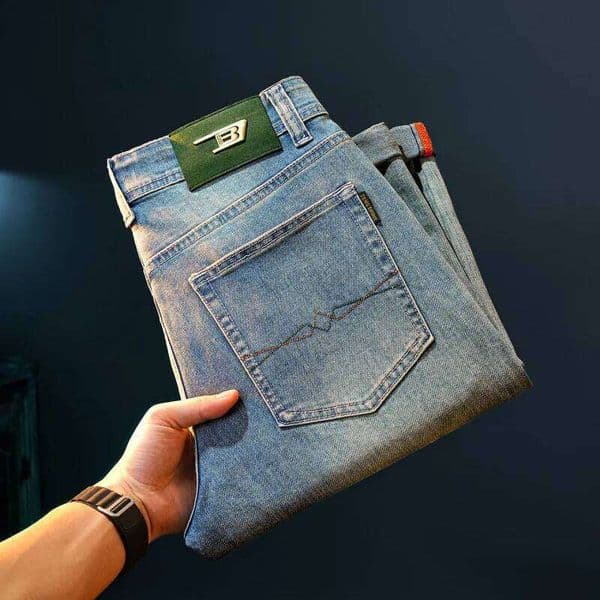 Retro blue minimalist jeans straight tube loose and lightweight business trend fashionable men's clothing high-end pants W260307