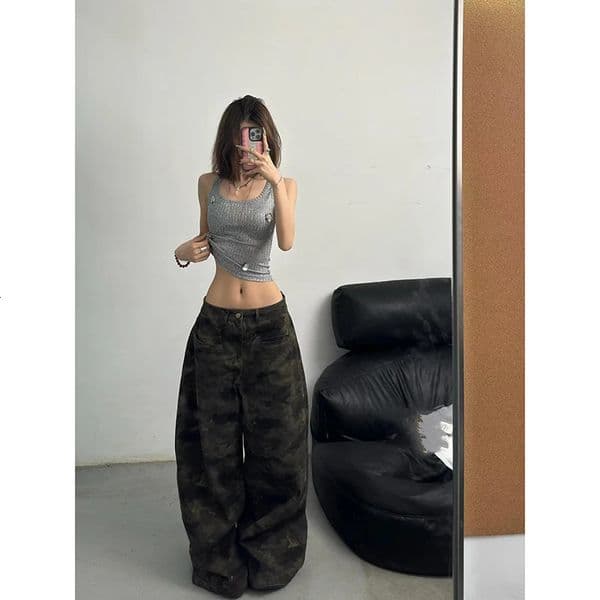 Autumn Womens Jeans High Waist Baggy Casual Vintage Y2K Camouflage Straight Pants Street American Wide Leg Denim Trouser 260304