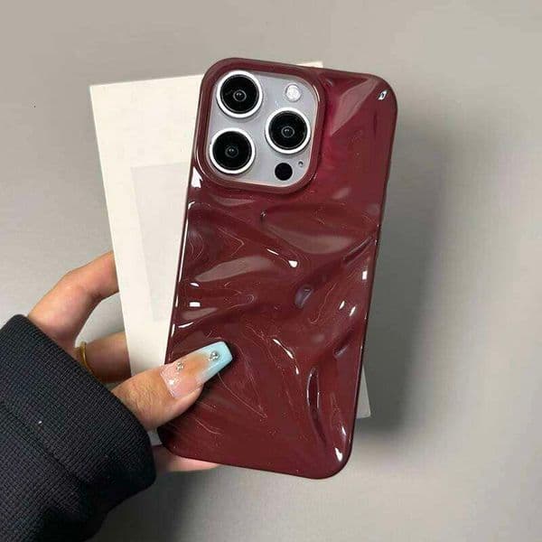 Wine Red 3D Water Ripple Texture Phone Case For iPhone 17 Air 16 15 13 11 12 Pro Max 14 Plus Glossy Silicone Back Cover 26W0307