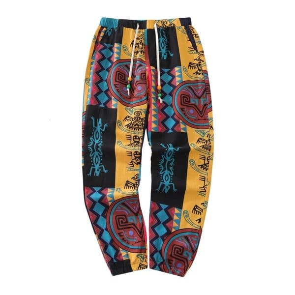 Mens Boho Tribal Print Stretch Linen Pnats Cotton Blend Drawstring LightWeight Trousers with Pockets Summer Jogger Pants 260302BJ