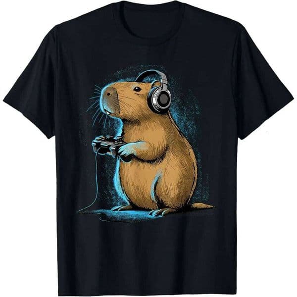 Gamer Capybara Graphic Tee Funny Animal Video Games Lover Cotton T-Shirt Q260306