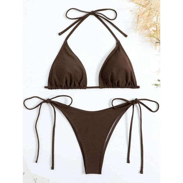 Sexy Brown Bikini 2025 Women Solid Red Halter Push Bra Tie Side Triangle Swimsuit Summer Bathing Suit Lace Up Micro Swimwear Y260303