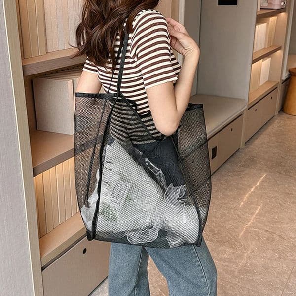 Transparent Mesh Storage Bag Shoulder Bag Fashionable Lightweight Large Capacity Versatile Shopping Bag Beach Bag Organize 260303