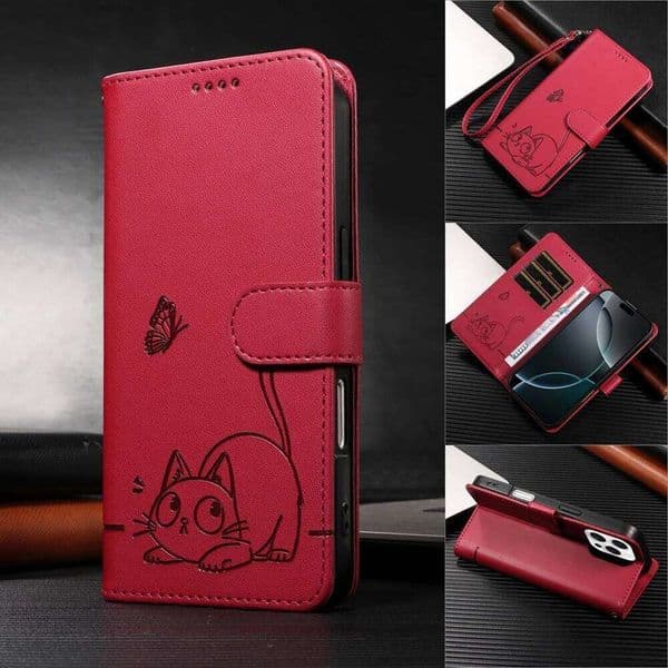 Magnetic Leather Wallet for iPhone 16e 16 15 14 13 Mini 12 11 Plus Pro X XS Max Cat Butterfly Embossed Design Premium Case H260305
