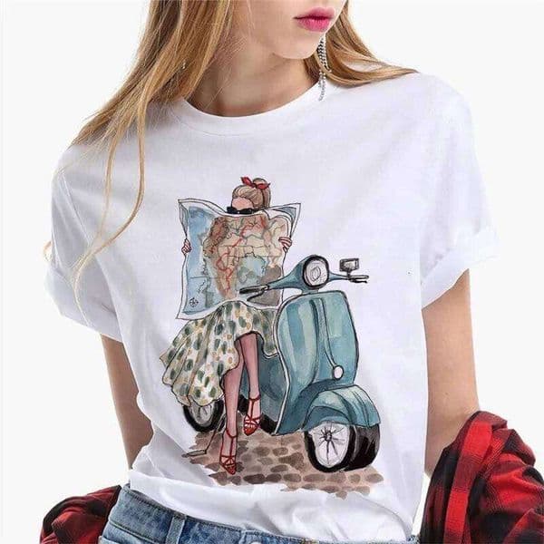 Paris Girl Europe and America Fashion Loose Ins White Short-sleeved T-shirt Woman Graphic T Shirts Harajuku Women Clothes XJ260306