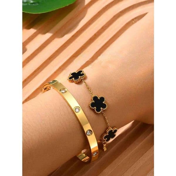 2pcs Women's Stackable Gold Bangle Jewellery Set Stainless Steel Flower Pattern Non Tarnish Cubic Zirconia Bracelet Luxury Gift Z260306