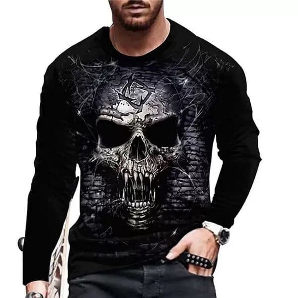 Luxury Brand Clothes 2023 Independent Designer Long Sleeve T Shirt Round Neck Pullover With Skull 3D Digital Print Men's In Stock Manufacturer Supply