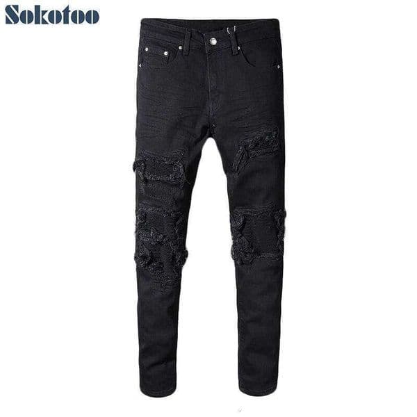 Sokotoo Men's black patchwork stretch denim biker jeans for motorcycle Slim fit skinny ripped pencil pants W260307