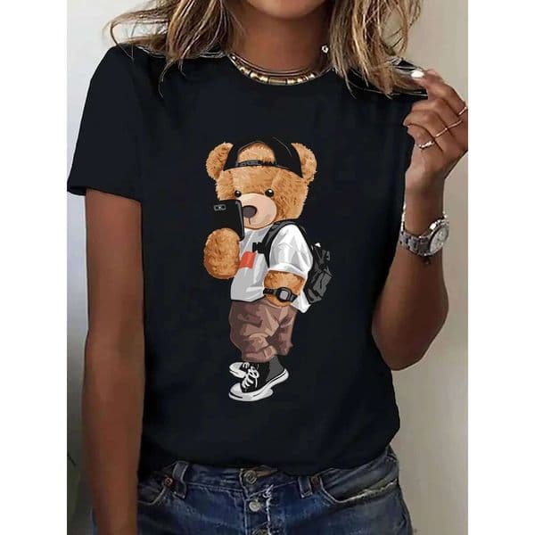 Leisure Comfort Fit Top Women's Activewear Cartoon Bear Pattern Printing Short Sleeve T-shirt XJ260306
