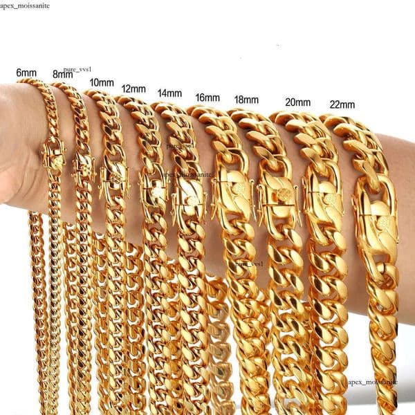 6-22mm Hip Hop Stainless Steel Miami Cuban Link Chain Bibcock Clasp Mens 18K Real Gold Plated Jewelry