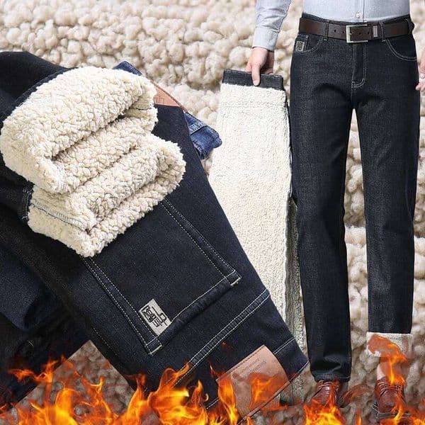 Winter Wool Velvet Men's Jeans Fleece Thickened Mid-waist Business Casual Comfortable Thermal Straight Denim Trousers H260306