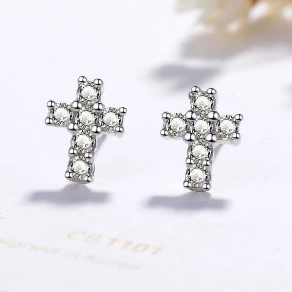 925 Sterling Silver Small Cross Stud Earrings for Women / Children Silver 925 Full Clear Zircon Pendientes Fashion Jewelry Gift 260302
