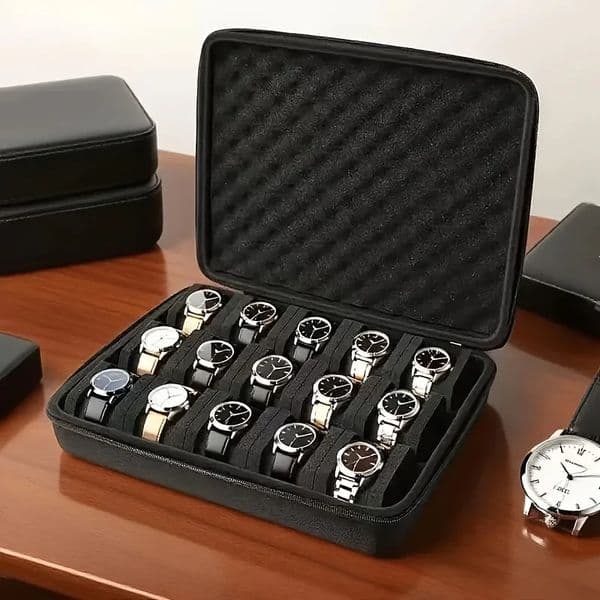 A Watch Box with 15 CompartmentsFeaturing Shockproof Foam Padding And a Portable Hard Shell for Home Storage 260306