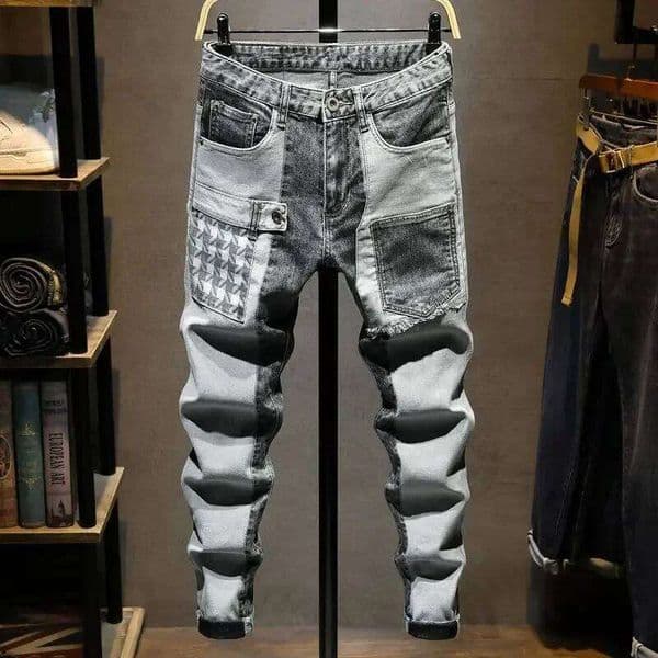 New Arrival KPOP Splicing Men's Designer Work Jeans Grey Patchwork Korean Fashion Men Casual Pants H260306
