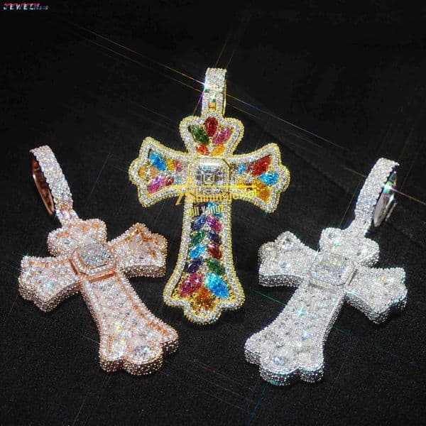 2026 Mixed Fancy Cut Big Size Color Moissanite Cross Pendant Real Gold Plated Luxury Style Fine Quality Religious Jewelry