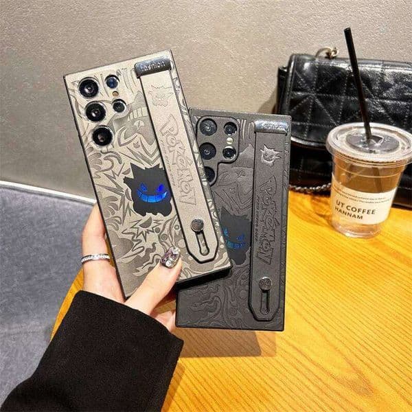 Cartoon Gengar Leather Laser Wristband Phone Case For Galaxy S25 S24 S23 S22 Ultra Plus A56 A55 A54 A36 Shockproof Cover H260305