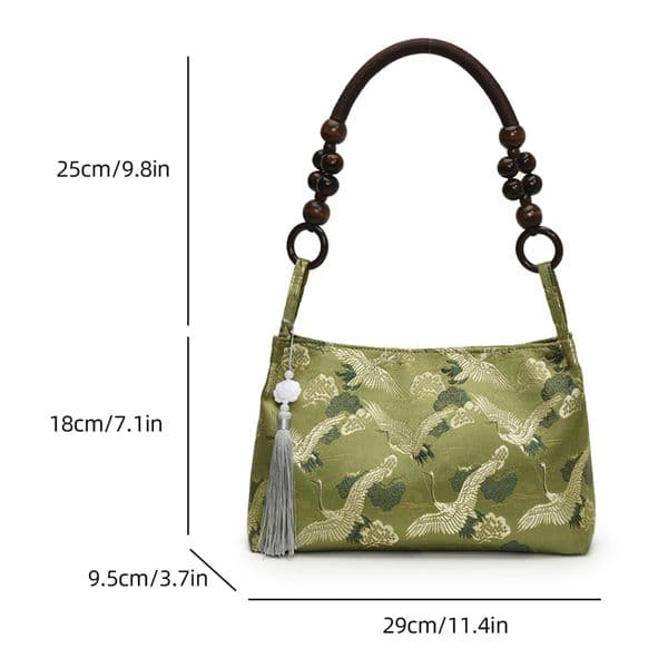 Women's Bohemian Shoulder Bag with White Crane Embroidery - Stylish Evening Clutch for Weddings Chic Vacation Beach Clutch for Females Featuring